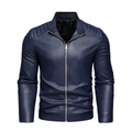 Dettaglio della giacca in pelle PU blu navy con trama trapuntata sulle spalle e colletto - M (Taglia Asiatica) / Blu