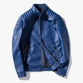 Giacca da moto blu scuro da uomo in ecopelle con colletto alla coreana e trapuntatura - M / Blu