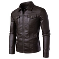 Detail view of brown PU leather jacket featuring classic lapel and metallic chest pockets - M (Asian Size) / Coffee (Thin)