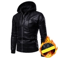 Detailansicht des gesteppten gelben Thermofutters in einer schwarzen PU-Lederjacke mit Kapuze - M / Schwarz (Wattiert)