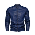 Detalle de la chaqueta motera azul marino de cuero sintético con hombro acolchado y cremallera - XL (Talla Asiática) / Azul