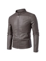 Chaqueta de cuero PU para hombre en marrón oscuro con cuello levantado y detalle de cremallera - M / Estilo Delgado / Gris
