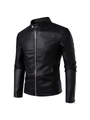 Chaqueta de moto ajustada para hombre en cuero sintético negro con cuello alto y cremalleras - M / Estilo Delgado / Negro