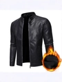 Chaqueta de cuero PU negro para hombre con forro polar térmico y cuello alto moderno - M / Estilo con Forro de Felpa / Negro