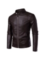 Chaqueta de cuero PU para hombre color marrón oscuro con cuello alto estilo biker - M / Estilo Delgado / café