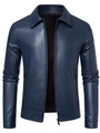 Giacca da motociclista classica in pelle PU blu scuro da uomo con colletto a rever e zip - M / Blu Profondo (Stile Sottile)