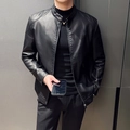 Chaqueta de moto para hombre en cuero PU negro con cuello alto y bolsillos con cremallera - XL (Talla Asiática) / Negro