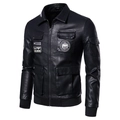 Men's black vintage PU leather biker jacket with embroidery and ribbed trim - M / Thin Style / Black