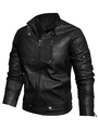 Schmale Herren-Motorradjacke aus schwarzem Kunstleder mit Reißverschluss und Stehkragen - M / Schwarz