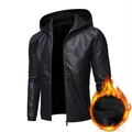 Men's black hooded faux leather jacket with warm thick fleece lining for winter wear - M / Black (Fleece Lined)