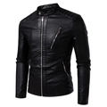 Men's black PU leather biker jacket with stand collar and quilted shoulder details - M (Asian Size) / Black
