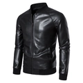 Men's black PU leather bomber jacket with stand collar and ribbed cuffs in slim fit - M / Black