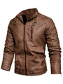 Schlanke braune Herren Motorradjacke aus Kunstleder mit Stehkragen und gesteppten Schultern - M / Erdgelb
