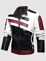 Men's tricolor PU leather biker jacket with quilted shoulders and racing stripes - S / Burgundy