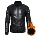 Men's black PU leather jacket with ribbed baseball collar and warm thermal lining - M / Black (Thickened)