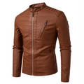 Men's brown faux leather motorcycle jacket with stand collar and quilted shoulder details - M (Asian Size) / Earthy Yellow