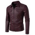 Men's slim-fit burgundy PU leather biker jacket with chest pockets and zipper closure - M (Asian Size) / Dark Red (Thin)