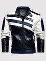Men's motorcycle PU leather jacket with tri-color block design and stand collar - S / Dark Blue