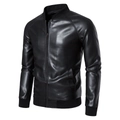 Men's slim fit black PU leather motorcycle jacket with ribbed baseball collar and zip - M / Standard / Black (Standard)