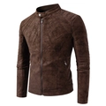 Détails de la veste de motard marron foncé en similicuir avec col montant et coutures matelassées - L / café