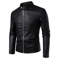 Men's slim-fit black faux leather jacket with stand collar and silver zippers - M / Black (Thin)