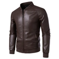 Slim fit dark brown PU leather bomber jacket with stand collar and ribbed cuffs for men - M / Standard / Coffee (Regular)