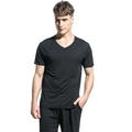 T-shirt homme noir en modal à col en V, manches courtes et coupe ajustée décontractée - M / T-Shirt (Noir)