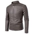 Men's slim-fit stand collar PU leather biker jacket in deep brown with zipper pockets - M / Gray (Thin)