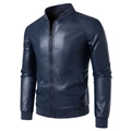 Men's dark blue PU leather bomber jacket with silver zipper and ribbed cuffs - M / Standard / Deep Blue (Regular)