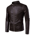 Men's slim fit dark brown PU leather jacket with a stylish stand collar and metal zippers - M / Coffee (Thin)