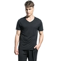 Men's minimalist black modal V-neck short sleeve T-shirt in slim fit style - M / Black