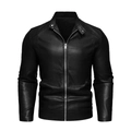 Men's black PU leather motorcycle jacket with stand collar and silver metal zipper - M / Black (Thick)