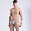 Vue avant du string minimaliste en soie glacée blanche pour hommes avec ceinture grise - M / Blanc