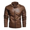 Herren Motorradjacke aus PU-Leder in Dunkelbraun mit plissierten Schulterdetails - M / Erdgelb