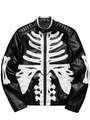 Men's black PU leather biker jacket with white skeleton bone print for Halloween cosplay - S / Black