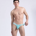 Men's thin ice silk thong in mint green with white contrast piping trim - Sky Blue