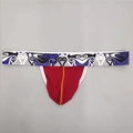 Detail of red men's ice silk thong with geometric waistband and vertical contrast stitching - M / Red