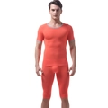Detail of men's orange ice silk sports set with gray contrast binding and quick-dry fabric - M / Top And Bottom / Orange