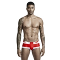 Detailed view of men's low-waisted swim trunks featuring a bold Union Jack flag print - M / UK Flag Style