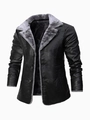 Men's business PU leather jacket in black with grey faux fox fur lining and large lapel - 0XL / Black (Plus Size Style)
