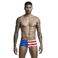 Front view of men's low-waist swimming trunks with US flag stars and stripes print - M / US Flag Style