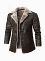 Men's business casual brown PU leather jacket with warm fleece lining and notch lapel - 0XL / Brown (Plus Size Style)