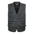 Multi-pocket charcoal grey cotton fishing vest with metal zippers and D-ring hooks - XL / Iron Grey