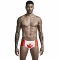 Detailed close-up of men's Canadian flag swim trunks featuring the red maple leaf design - M / Canada Flag Style