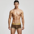 Detailed view of men's brown boxer briefs with gold waistband and striped leg trim - M / Coffee
