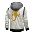 White quilted PU leather jacket with a gold scorpion embroidery and grey hood - EUR 2XL / CHN 3XL / Top - White Hooded Scorpion Embroidered Style (158)