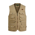 Men's khaki utility vest with multi-pocket design and classic V-neck zipper closure - Khaki