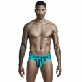 Detail of blue men's athletic jockstrap with black stripes and branded elastic waistband - M / Lake Blue Vertical Stripes