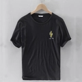 Schwarzes Herren Leinen T-Shirt Kurzarm mit Kaktus Stickerei und the end Kunstdruck - M / Schwarz