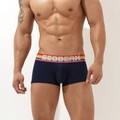 Close-up of men's blue boxer briefs featuring a vibrant rainbow elastic waistband - M / Dark Blue
